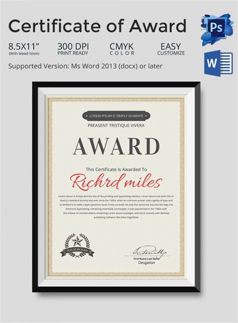award certificate template     word
