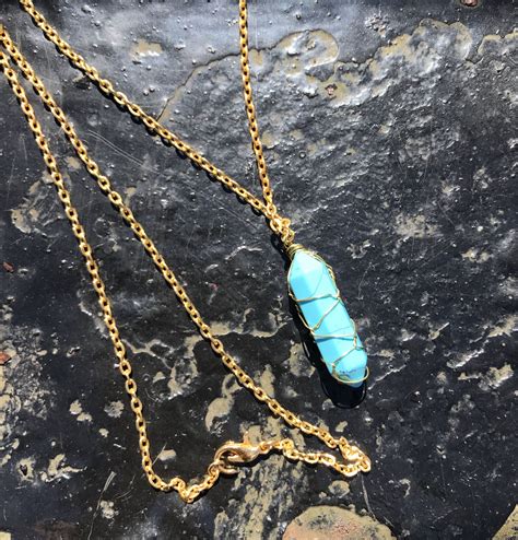 Wire Wrapped Turquoise Howlite On Stainless Steel 29 Inch Chain Nicole