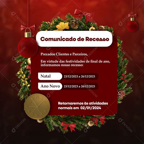 Social Media Comunicado De Recesso Natal Ano Novo Psd Edit Vel