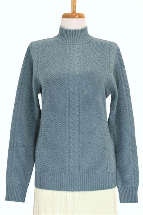 4 Ply Womens Mock Turtleneck Cashmere Sweater Cable Knit Blue Jean Grey