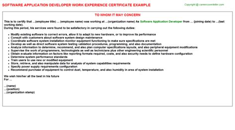 Free printable certificate of completion construction editable template sample form. Software Application Developer Experience Letter