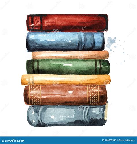 Tall Stack Of Old Books Watercolor Hand Drawn Illustration Isolated On