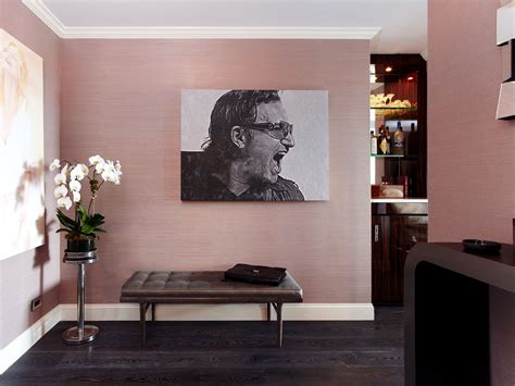 Manhattan Foyer With Pink Grasscloth Wallpaper Dark Wood Floors And