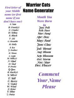 The generator is only for clan warrior, or perhaps medicine cat names, so the suffixes 'kit', 'paw' and 'star' are also not included. What is your warrior cat name?-Mine's Cinderleaf, which is ...
