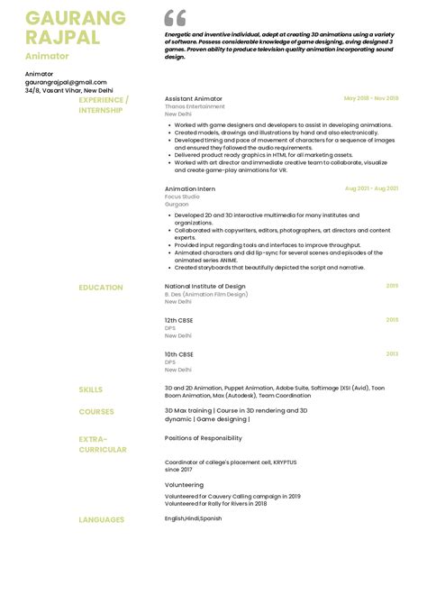 Sample Resume Of Animator With Template And Writing Guide