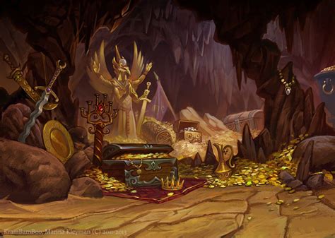 An Animated Scene With Many Items In The Cave Including Gold Coins And
