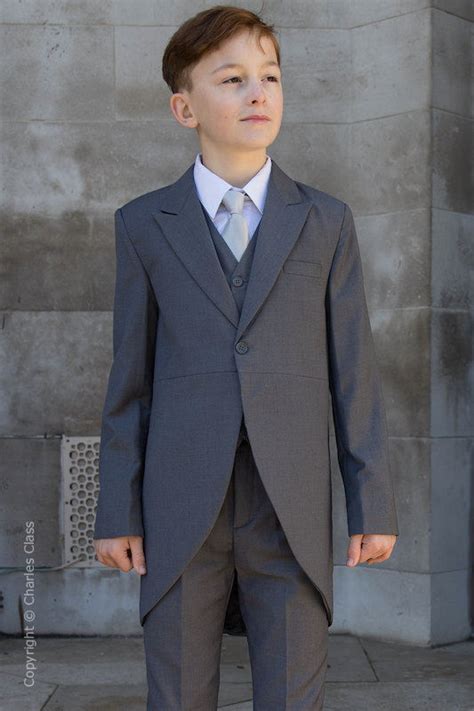 Boys Grey Tail Coat Wedding Suit With Silver Tie Charles Class