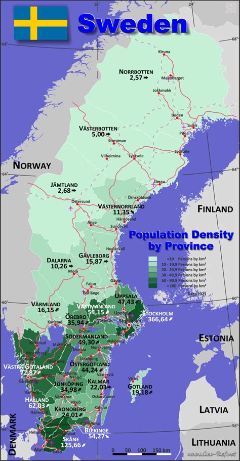 Große karte der laminierten wand. Schweden Karte Bevölkerungsdichte und Verwaltungsgliederung