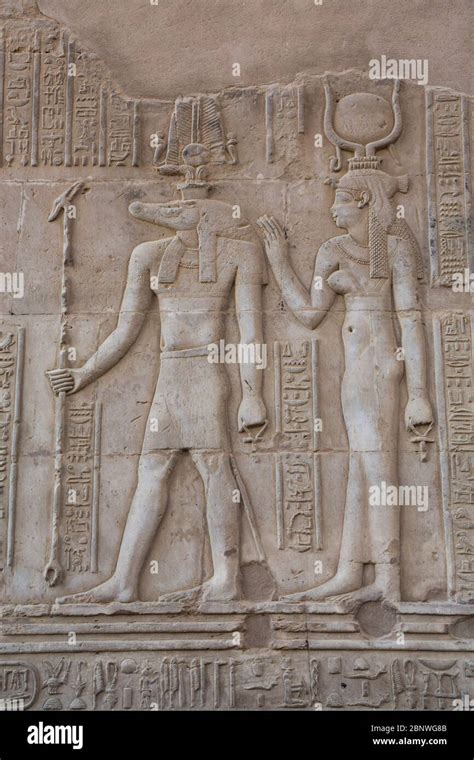 Gods Sobek L And Hathor R Wall Reliefs Temple Of Sobek And Haroeris Kom Ombo Egypt Stock