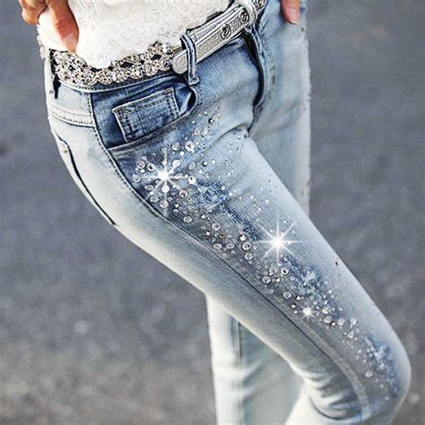 Acheter Paillettes Jeans Avec Strass Femmes Lady Jeans Slim Taille Élastique Diamond Leggings