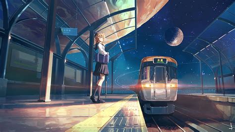 Anime School Girl Train Station School Uniform Moon Scenery Anime