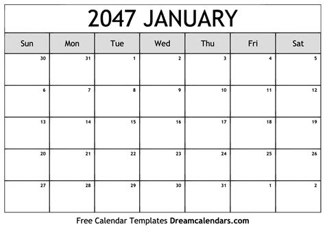 January 2047 Calendar Free Blank Printable With Holidays