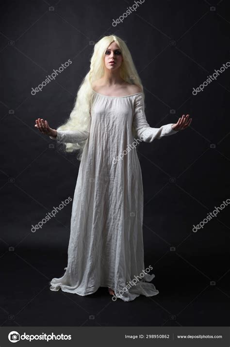 Ghostly Full Length Portrait Woman Long Blonde Hair Wearing White Stock