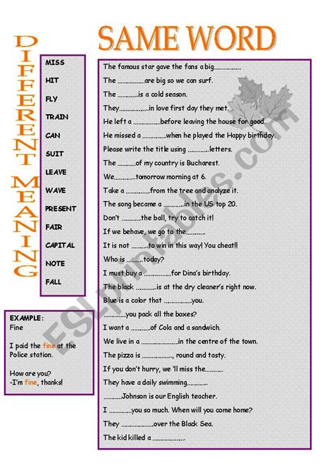 Same Word Different Meaning Esl Worksheet By Donapeter