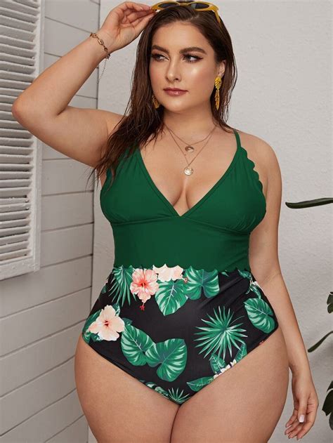 Plus Tropical Scallop Trim One Piece Swimsuit Shein Usa Plus Size Swimwear Curvy Girl