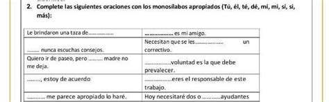 Completa Las Siguientes Oraciones Con Los Monosílabos Apropiados Tú El