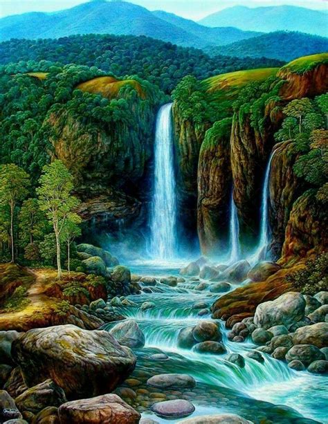 Beautiful Waterfall Beautiful Paintings Of Nature Landscape Art