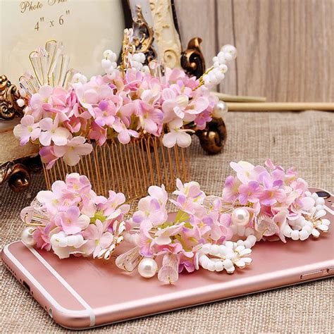 4pcs Sets Pink Flower Hairpins Combs Sets For Bride Mori Handmade Pink