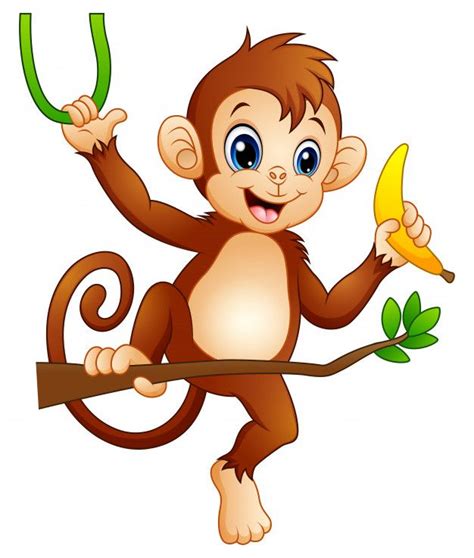 Macaco dos desenhos animados em uma árvore ramo e segurando a banana