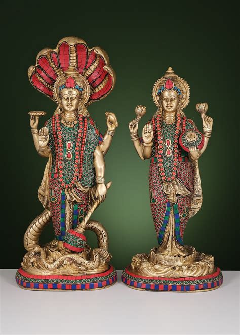 17 Brass Standing Lord Vishnu With Goddess Lakshmi Handmade Exotic