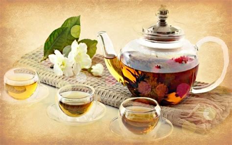 Tea For Three Cups Bokeh Tea Glass Flowers Relax Water Pot Hd