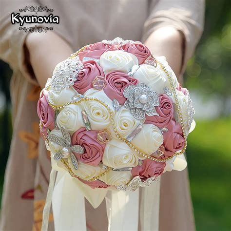 Kyunovia Gorgeous Bridal Bouquet With Pearl Rhinestones Brooch And Silk