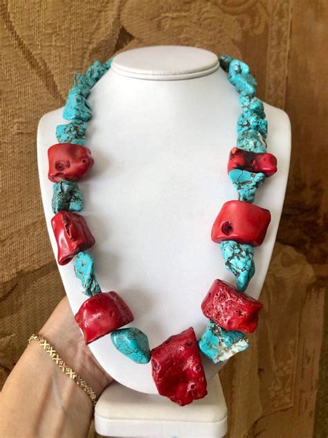 Genuine Natural Coral And Gemstones Necklace Etsy Chunky Stone