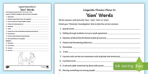Linguistic Phonics Phase 4c Tion Word Worksheet Twinkl