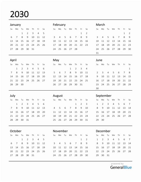 Free 2030 Calendars In Pdf Word Excel
