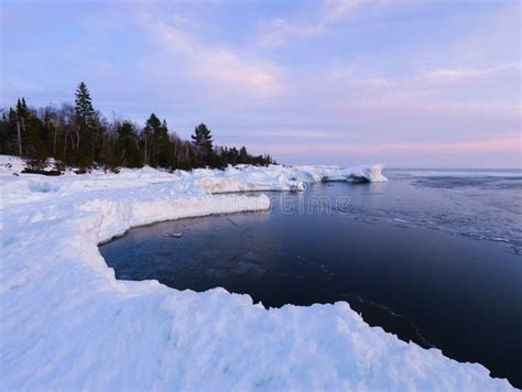 Shoreline Of Lake Superior In Winter At Sunset Stock Photo Image Of