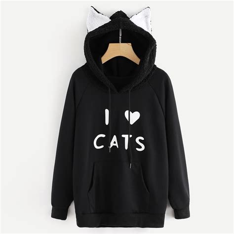Black Kawaii Anime Sweatshirt Womens Cute Cat Ears Long