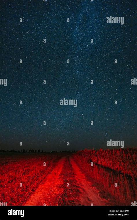 Night Starry Sky With Glowing Stars Above Country Road Is Lit In Red
