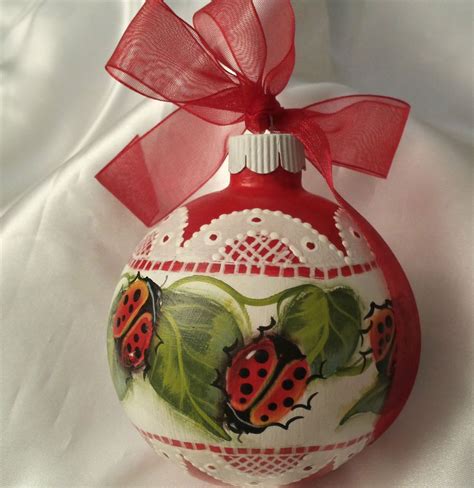 Hand Painted Christmas Ornament Red Cottage Chic Ladybugs And Lace Hp