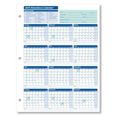 Employee Attendance Calendar Tracker Template 2019 Printable