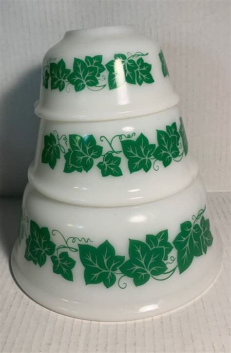 Vintage Hazel Atlas Nesting Mixing Bowls Green Ivy Milk Glass Etsy