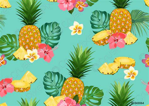 Pineapple Seamless Pattern Whole And Slice With Tropical Flower And