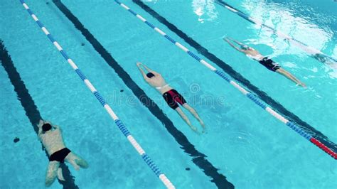Three Athletes Swim Underwater Using Dolphin Kick Technique Stock
