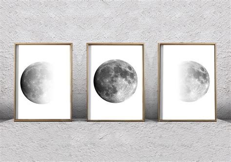 Moon Phase Art Prints Set Of 3 Lunar Phases Black And White Etsy