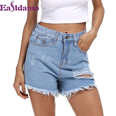 Eastdamo Retro High Waist Denim Shorts Women Sexy Ripped Jeans Shorts
