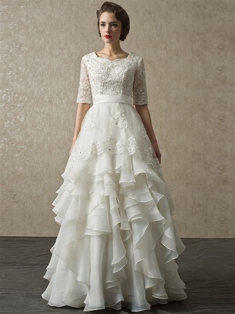 Modest A Line Half Sleeve Corset Beaded Lace Layered Organza Wedding