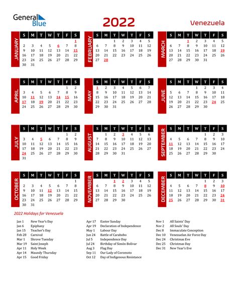 2022 Venezuela Calendar With Holidays