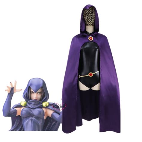New Teen Titans Super Hero Raven Cosplay Costume Women Black Bodysuit Purple Hooded Cloak