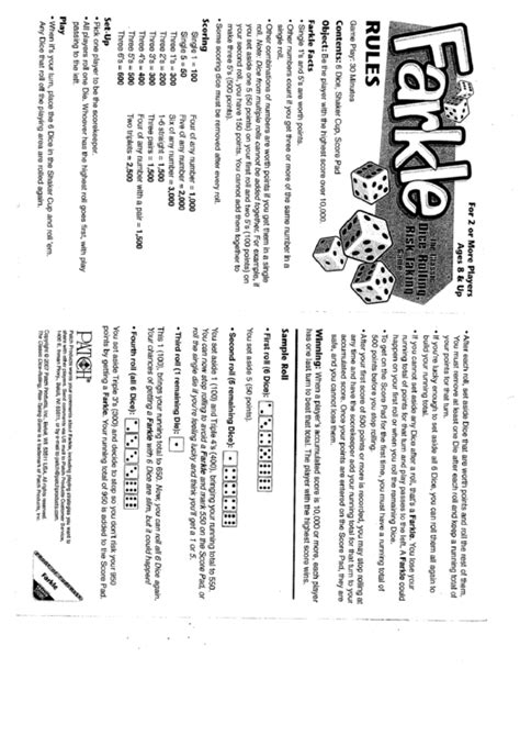 Farkle Score Sheet And Rules Printable Pdf Download