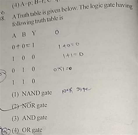 S A Truth Table Is Given Below The Logic Gate Having Following Truth Ta