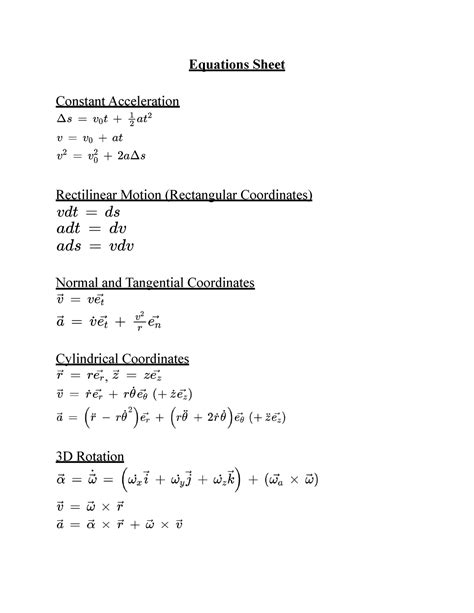 Kinematics And Dynamics Exam 1 Equation Sheet Equations Sheet