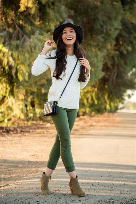 A Cute Fall Outfit Olive Green Pants And Cream Sweater With Fall