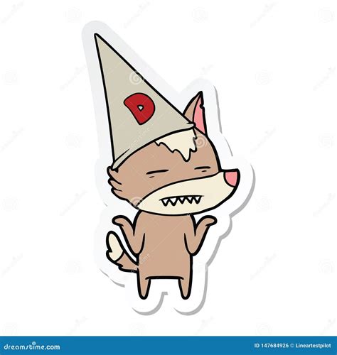 Sticker Of A Cartoon Wolf Wearing Dunce Hat Stock Vector Illustration