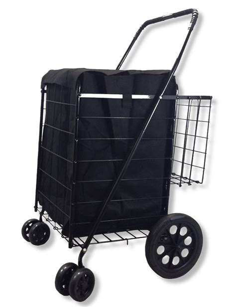 Black Folding Shopping Cart With Black Liner Double Basket Swivel