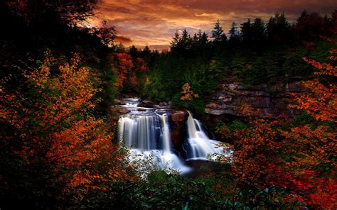 Landscapes Trees Forest Woods Rivers Autumn Fall Sunset Sunrise Sky Clouds Leaves Wallpaper