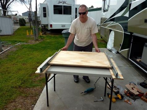 Build a holder so you can put large platters on it. RV NOW with Jim Twamley: Build your own RV slide-out storage tray | Camper repair, Rv storage ...